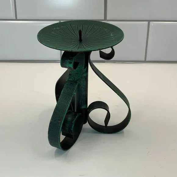 Vintage Green Verdigris Wrought Iron Pillar Candle Holder Scroll Base Hong Kong - Picture 4 of 7